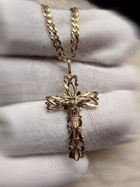 14K Two Tone Gold Fancy Crucufix Pendant With 2.7mm Cuban Chain - 16 inch